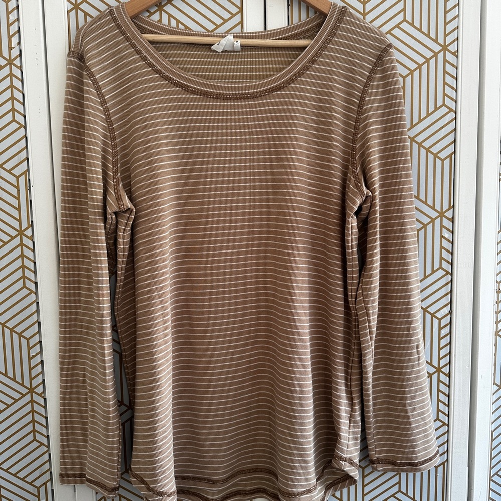 Simple long sleeve top. Tan with white stripes size M.
